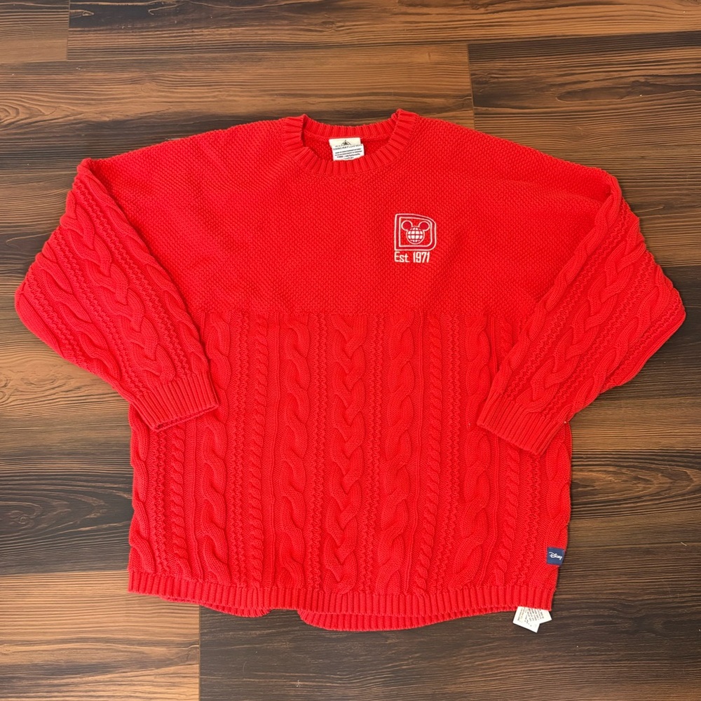 Disney Red Crewneck Cable Knit Spirit Jersey Sweater XL